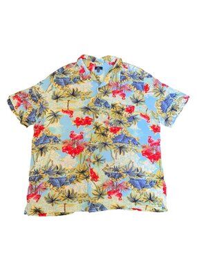 George Men’s Hawaiian Camp Shirt Size 3XL, Tropical Flamingo Coconut Trees